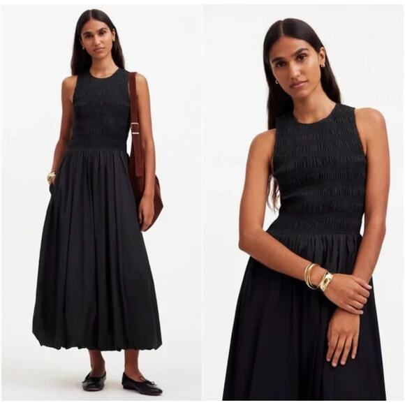 NWT Madewell The Melody Bubble Hem Smocked Midi Dress in Poplin Black Size XS - Picture 1 of 7